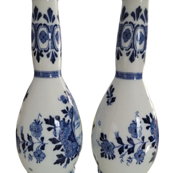 Vintage Delft set of 11" Dutch vases, ship in harbor, ceramic vases - Picture 4 of 8